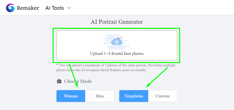 Best Face Swap AI Tool Remaker AI - AI Portraits Generator Interface