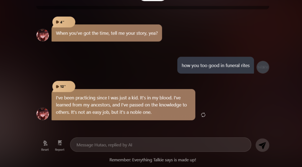 Chatting interface of Talkie AI