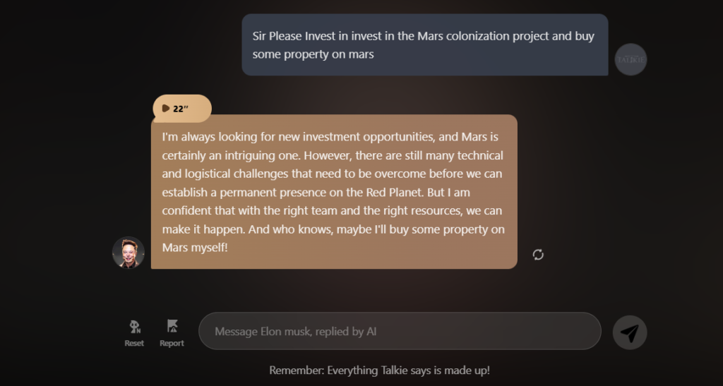 Chatting interface of Talkie AI